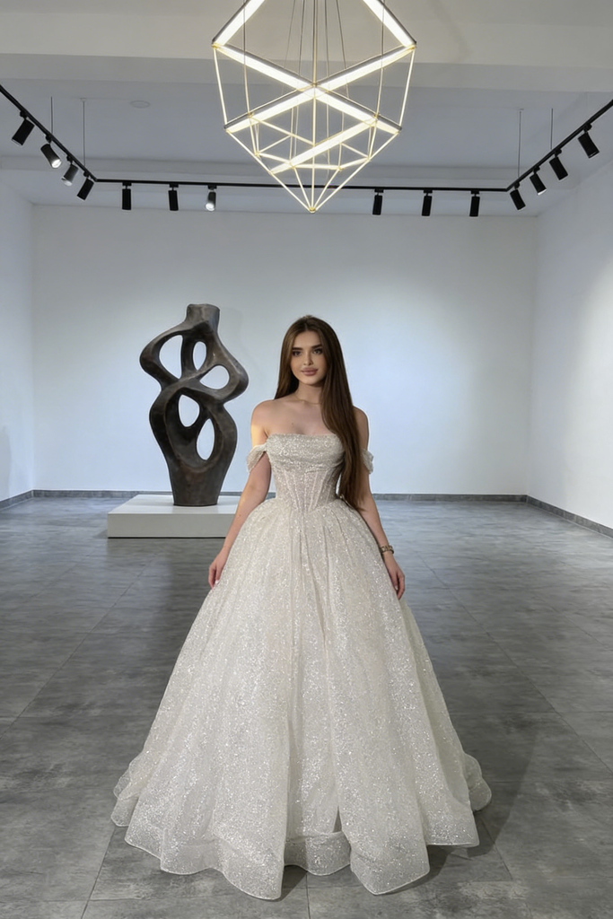 New Sparkle A-line Off Shoulder White Backless Prom Dresses, DB107