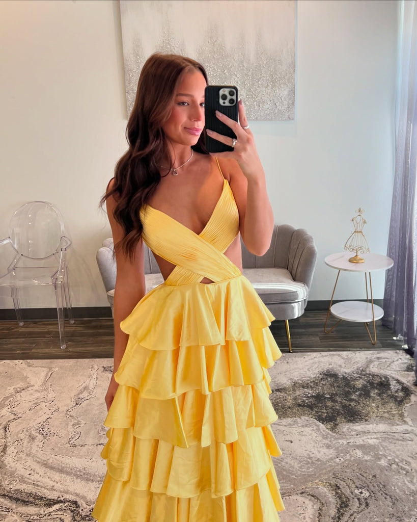 Yellow Spaghetti Straps V-neck A-line Long Prom Dresses, FC7039