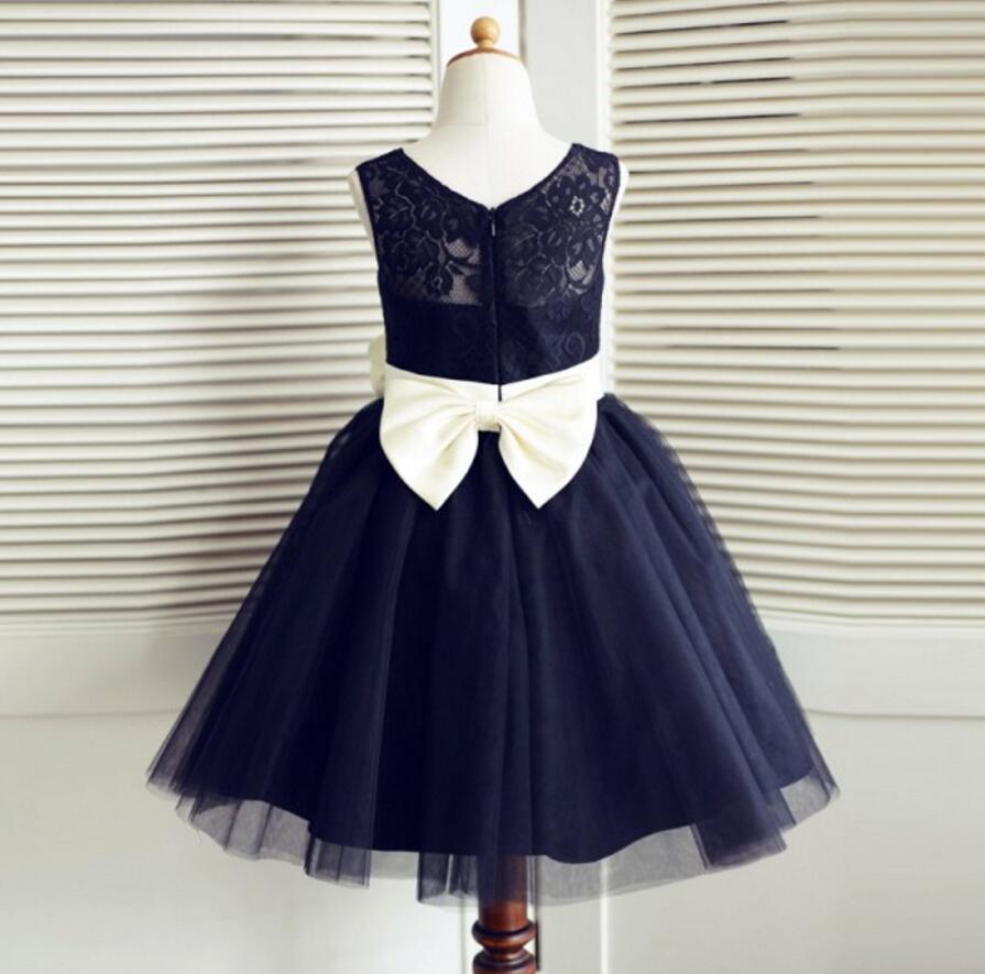 Navy Blue Tulle Lace Bowknot Sash Flower Girl Dresses, Lovely Tutu Dresses, FGS011