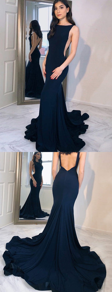 New Arrival Navy Blue Mermaid Backless Jersey Sleeveless Prom Dress, FC1246