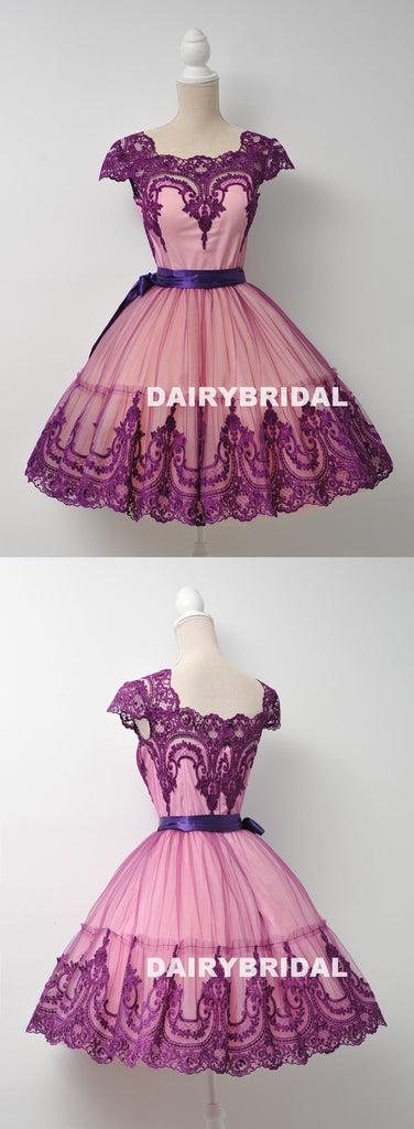 Special Popular Lace Cheap Homecoming Dress, Cap Sleeve Tulle A-Line Homecoming Dress, D1323