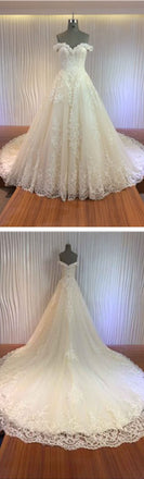 Gorgeous Off Shoulder Sweetheart Zip Up Long A-line Lace Wedding Dresses, WD0148