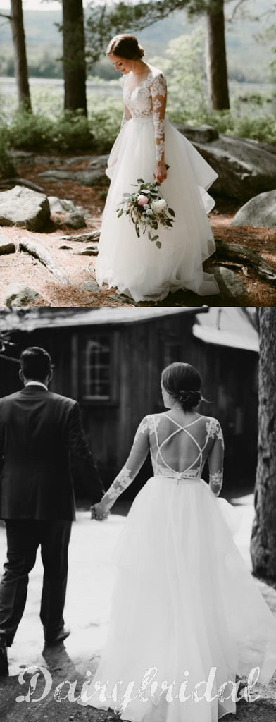 Charming Long Sleeve Lace Open-Back Wedding Dress with Detachable Chiffon Skirt, FC1480