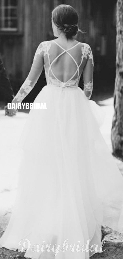 Charming Long Sleeve Lace Open-Back Wedding Dress with Detachable Chiffon Skirt, FC1480