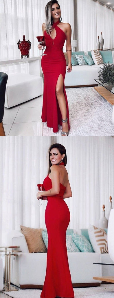 Halter Red Mermaid Backless Sexy Slit Prom Dresses, FC1568