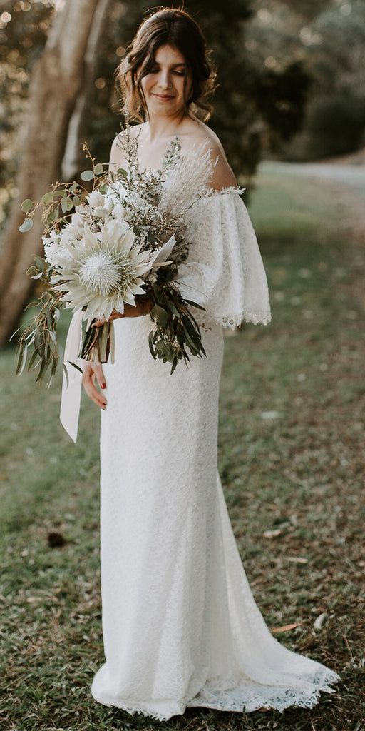 White Off Shoulder Lace Backless Sheath Simple Wedding Dresses, FC1685