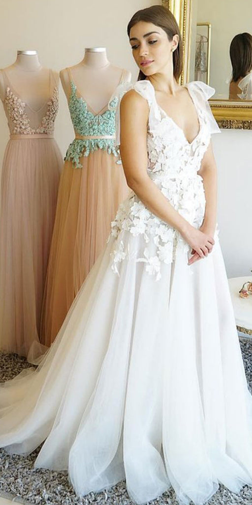 Elegant A-Line Tulle V-neck Sleeveless Applique Lace Backless Wedding Dresses, FC1843