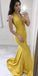 Yellow Satin Halter Backless Mermaid Sexy Deep V-neck Prom Dresses, FC1932