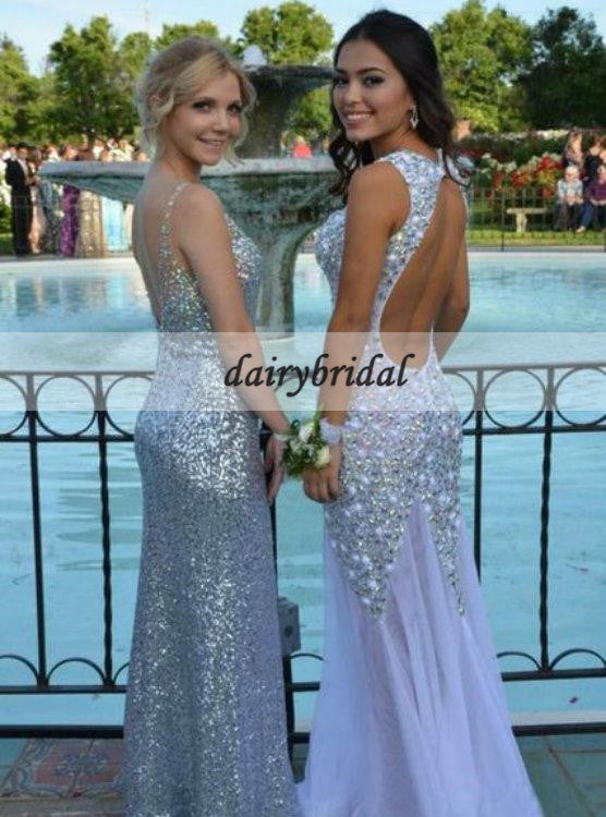 Chiffon Mermaid Open-Back Beaded Sparkle Sleeveless Long Prom Dress, FC200