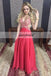 Deep V-Neck Beaded A-Line Prom Dress, Open-Back Chiffon Prom Dress, D213