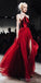 Red A-Line Organza Spaghetti Straps Backless Slit Prom Dresses, FC2156