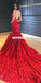 Spaghetti Straps Mermaid Luxury 3D Lace Backless Red Prom Dresses, FC2204