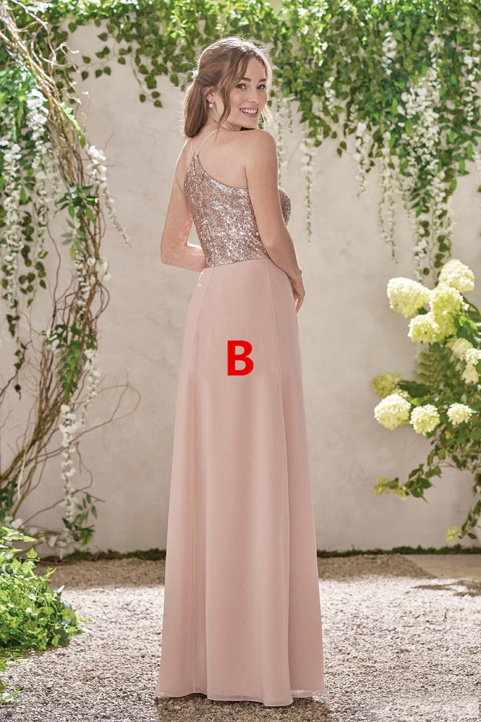 Mismatched Sequin Top Bridesmaid Dress, Chiffon Floor-Length Bridesmaid Dress, D220