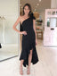 Black One Shoulder High-Low Jersey Backless Bridesmaid Dress, FC2246