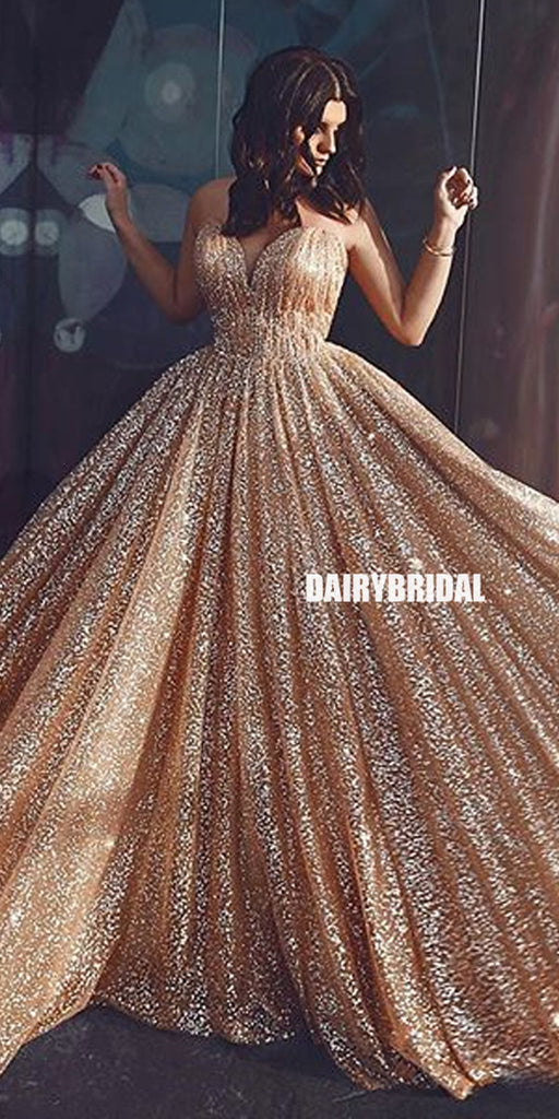 Sparkly A-Line Backless Gold Spaghetti Straps Long Prom Dresses, FC2351