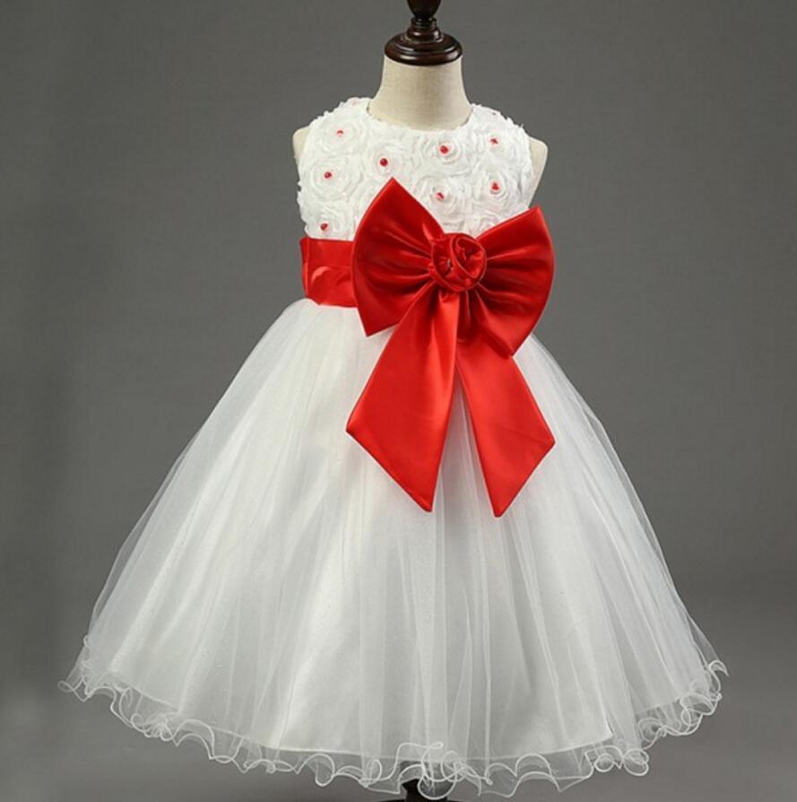 Ivory Online Princess Flower Girl Dresses, Weding Little Girl Dresses with Pink Bow, FGS024