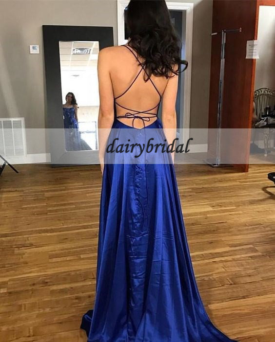 Spaghetti Straps Backless Prom Dresses, Soft Satin Side Split Prom Dresses, D241