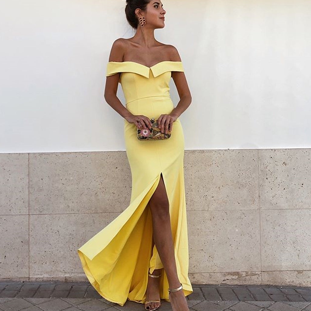 Off Shoulder Yellow Jersey Slit Backless Simple Prom Dresses, FC2432