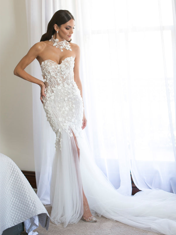 Sweetheart Mermaid Lace Backless Slit Tulle Wedding Dresses, FC2440