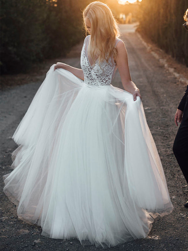 Lace V-neck Sleeveless Mermaid Backless Wedding Dresses with Tulle Detachable Skirt, FC2062