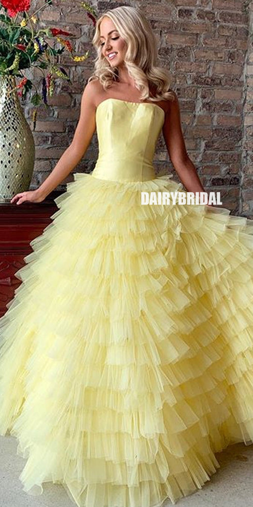 A-Line Tulle Backless Simple Yellow Satin Inexpensive Prom Dress, FC2479