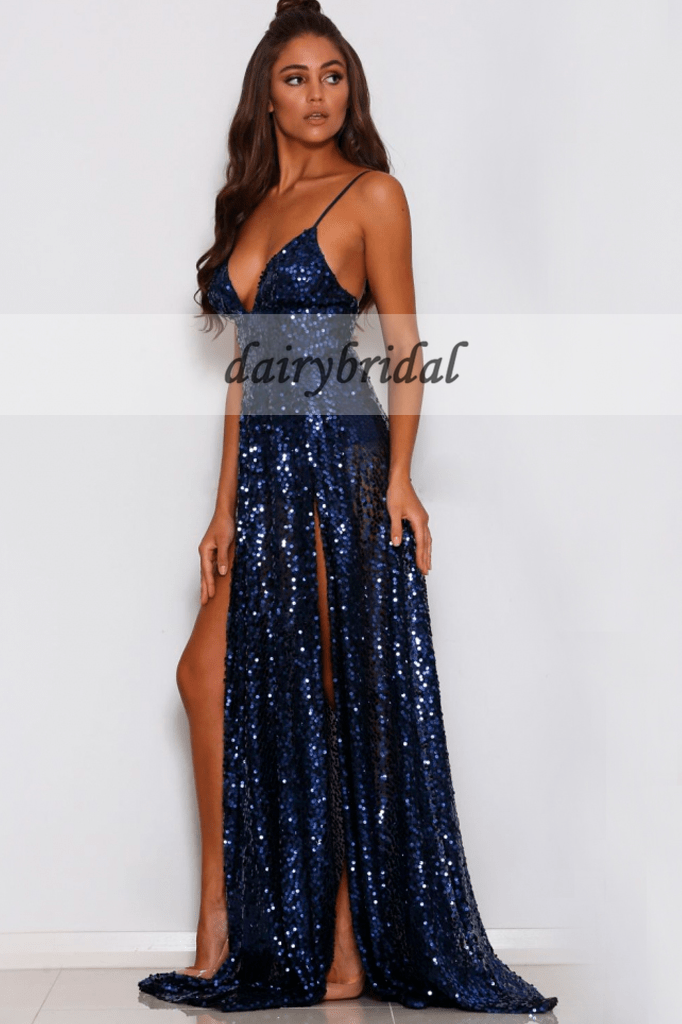 Spaghetti Straps Sequin Prom Dresses, V-Neck Backless Slit Prom Dresses, D252