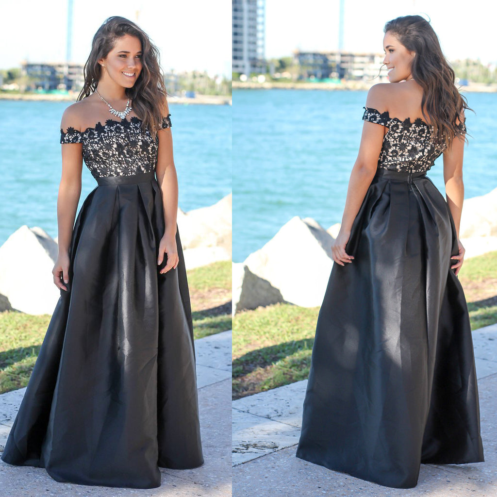 Off the Shoulder Satin Prom Dress, Charming A-Line Lace Prom Dress, D264