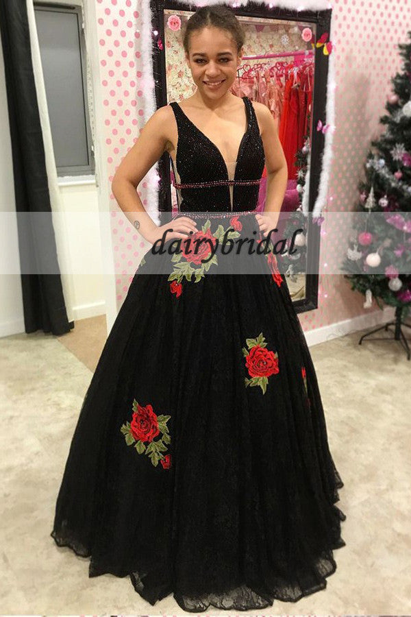 Black Applique Tulle Prom Dress, Charming A-Line Backless Beaded Prom Dress, D267