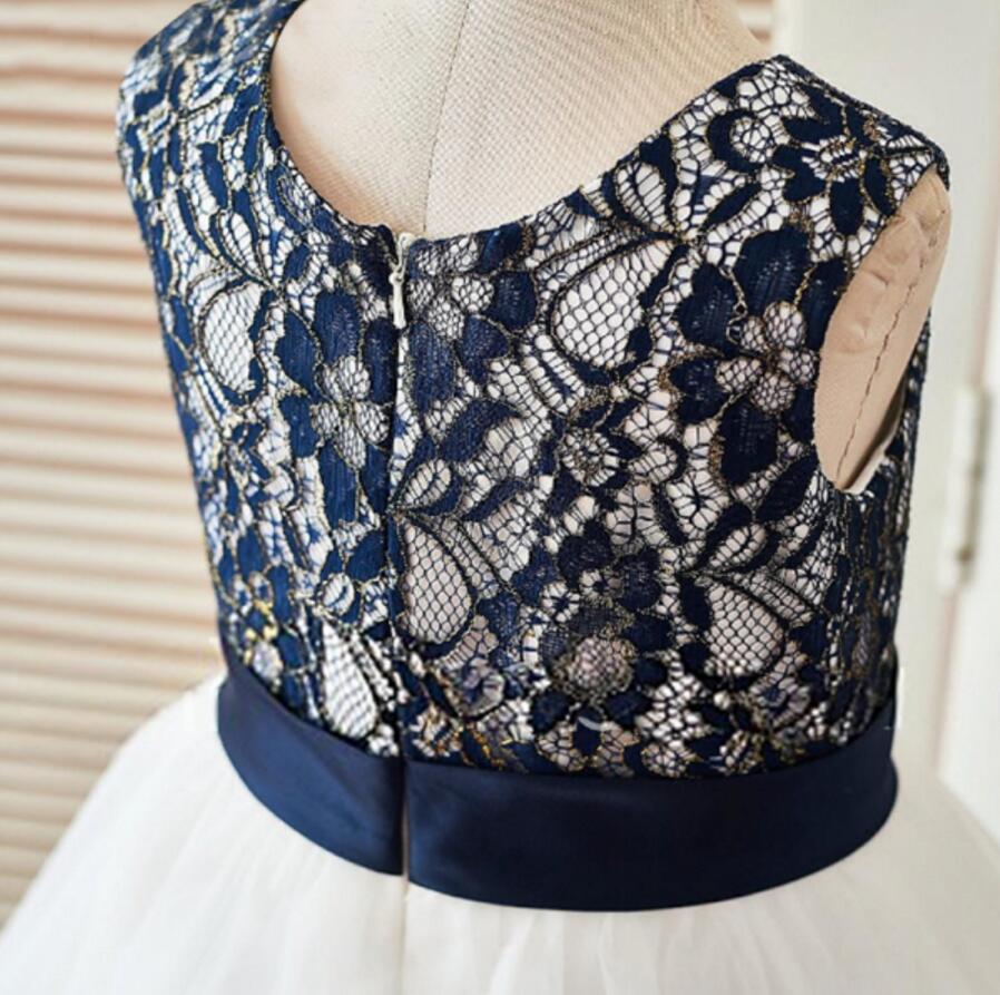 Fashion Lovely Navy  Lace Sleeveless Round Neck  Flower Girl Dresses With Bow Sash, FGS034