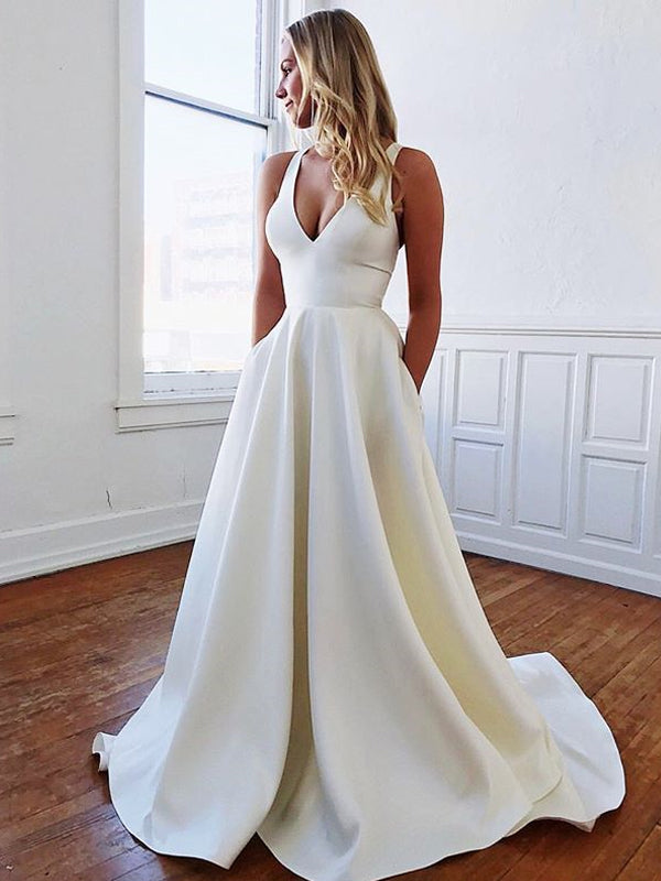 Sexy V-neck Backless A-line Satin Simple Wedding Dress, FC3797