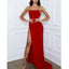 Red Spaghetti Straps Jersey Mermaid Slit Backless Prom Dress, FC3801