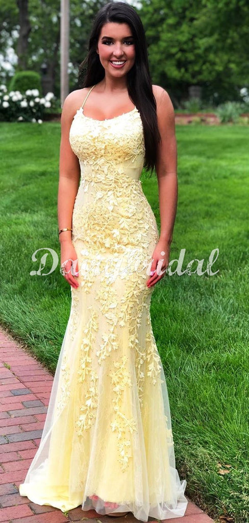 Sexy Mermaid Lace Cross Back Sleeveless Long Prom Dresses, FC4368