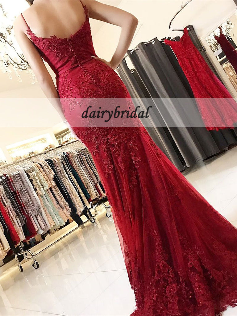 Red Spaghetti Straps Applique Prom Dresses, Tulle Mermaid Prom Dresses, D399