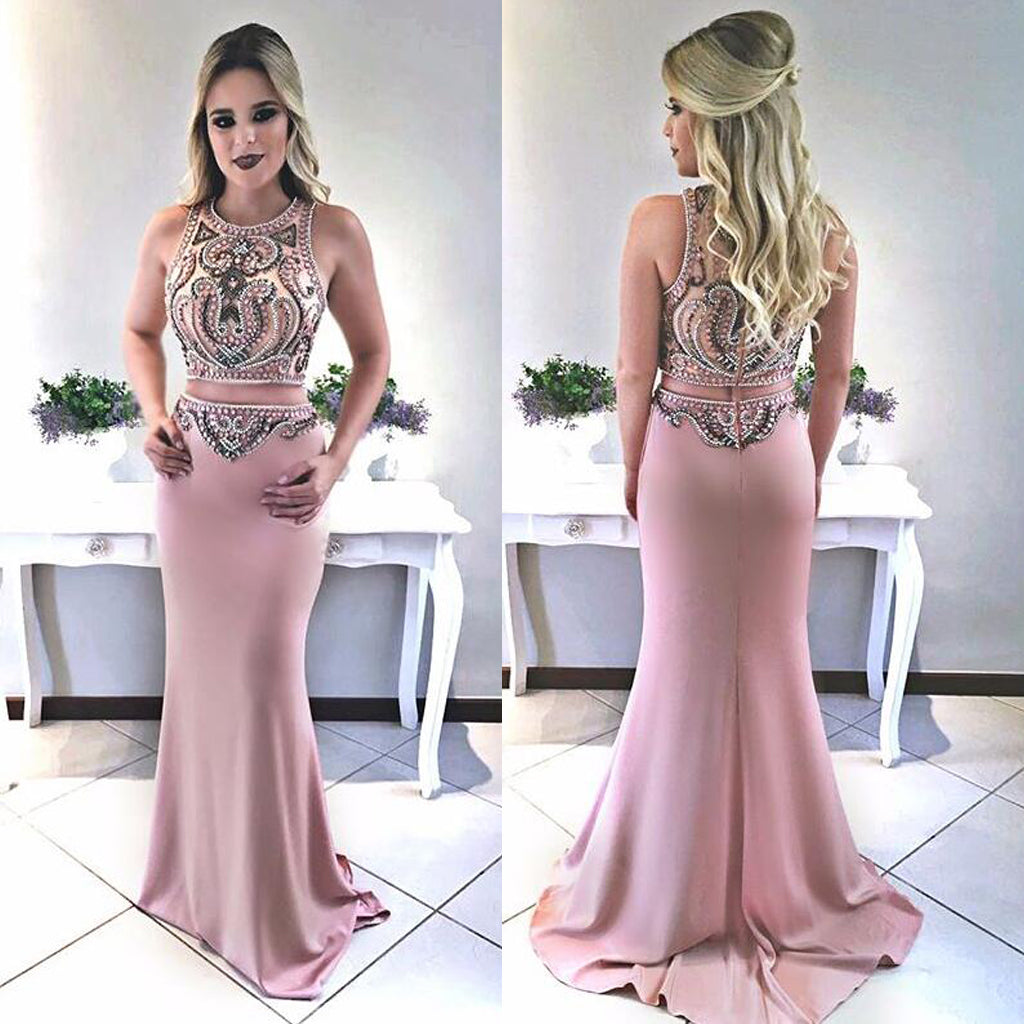 Charming Two Pieces Beaded Prom Dress, Satin Mermaid Prom Dress, D414