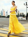 Yellow Spaghetti Straps Jersey Sexy Slit Backless Prom Dresses, FC4223