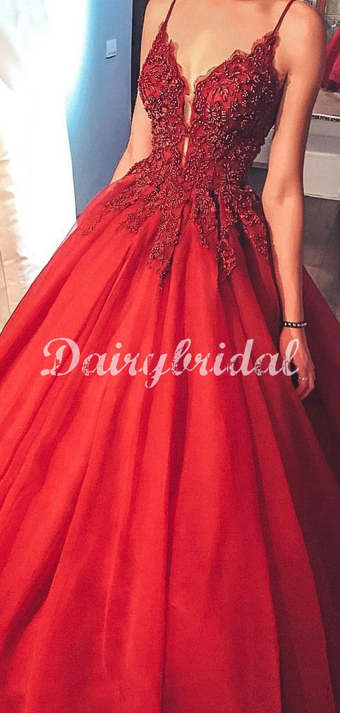 Red A-line Tulle Gorgeous Backless Beaded Sleeveless Applique Long Prom Dresses, FC4285