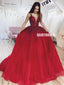 Red A-line Tulle Gorgeous Backless Beaded Sleeveless Applique Long Prom Dresses, FC4285