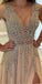 A-Line Deep V-Neck Sleeveless Charming Tulle Affordable Side Split Prom Dresses with Beading and Sweep Train,220043