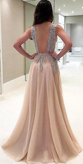 A-Line Deep V-Neck Sleeveless Charming Tulle Affordable Side Split Prom Dresses with Beading and Sweep Train,220043