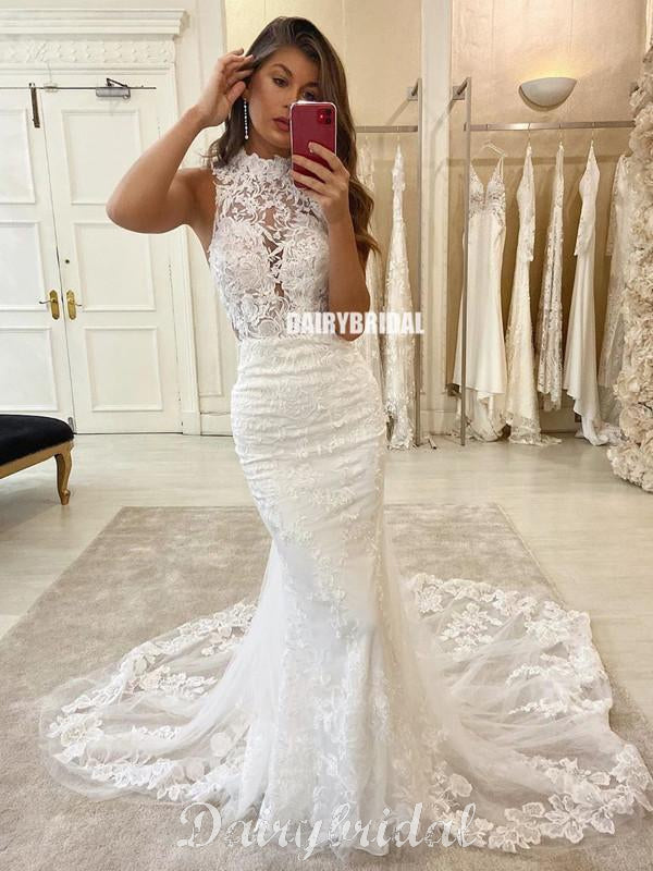 Sexy Mermaid Lace Sleeveless Open-Back Wedding Dresses, FC4311