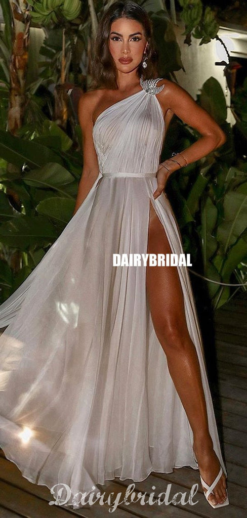 Simple One Shoulder A-line Organza Sexy Slit Prom Dresses, FC4445