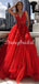 Red Charming A-line Tulle V-neck Sleeveless Appliques Prom Dresses, FC4471