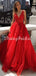 Red Charming A-line Tulle V-neck Sleeveless Appliques Prom Dresses, FC4471