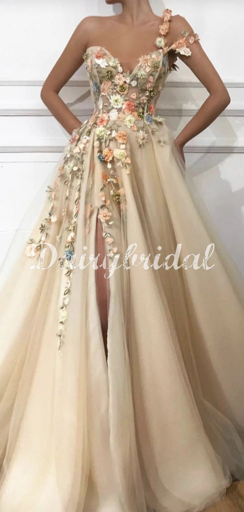 Stunning One Shoulder A-line Applique Slit Long Tulle Prom Dresses, FC4501