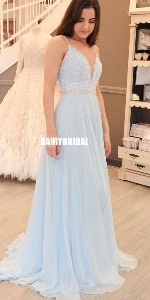 Beaded A-Line Prom Dresses, Chiffon Spaghetti Straps Prom Dresses, D451