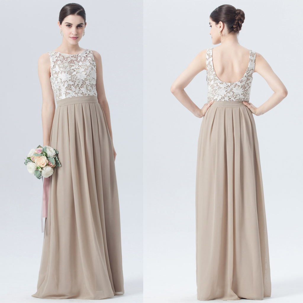 Lace Top Bridesmaid Dress, Chiffon Floor-Length Bridesmaid Dress, D458