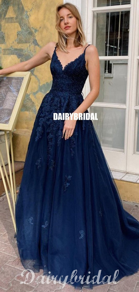 Navy A-line Tulle Cross Back Lace V-neck Sleeveless Prom Dress, FC4604