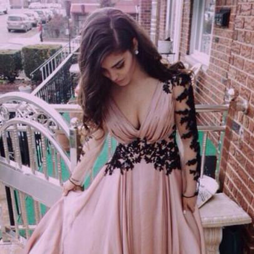 Long Prom Dresses, Satin Prom Dresses, A-Line Party Dresses, V-Neck Evening Dresses, Long Sleeve Prom Dresses , Applique Prom Dresses, Tulle Prom Dress, LB0463