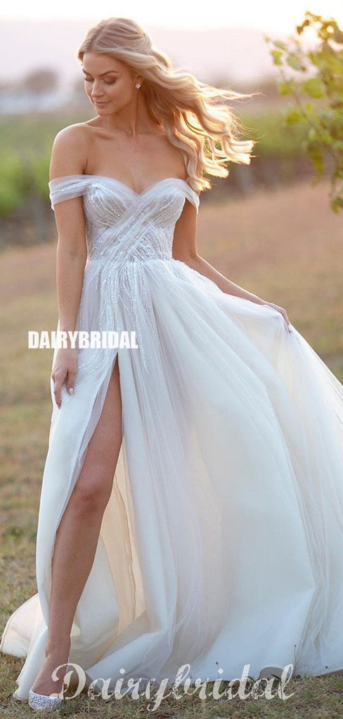 Off Shoulder Sparkle A-line Backless Tulle Sexy Slit Wedding Dress, FC4676