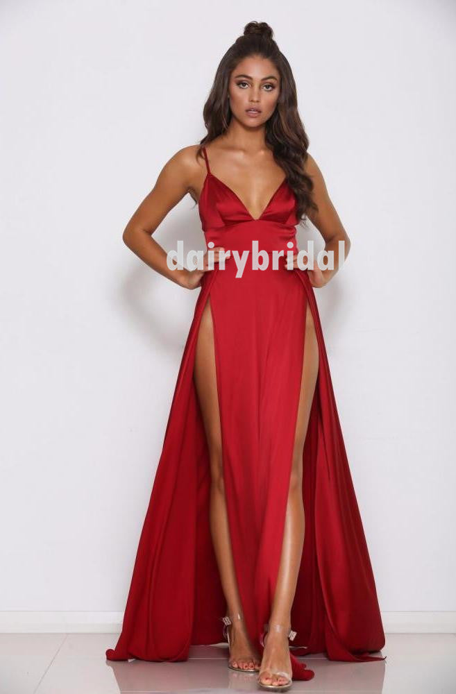 Spaghetti Starps Red Slit Prom Dress, Sexy V-Neck Backless A-Line Soft Satin Prom Dress, D516